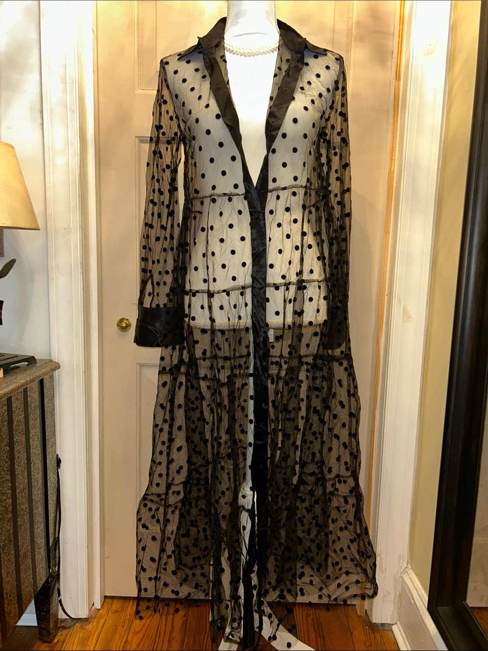 ZARA sz XS Black Satin Polka-Dot Sheer mesh button front maxi dress